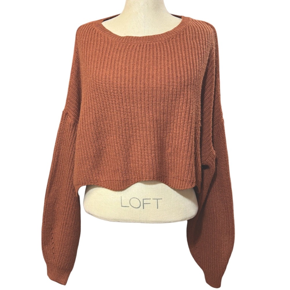 Urban Heritage L Cropped Knit Sweater Rust Brown Balloon Sleeve Cozy Oversized - Picture 2 of 12